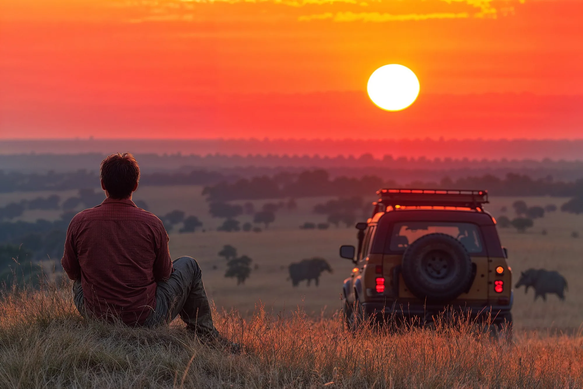 Man beside a 4x4 watching the sun go down over the savanna