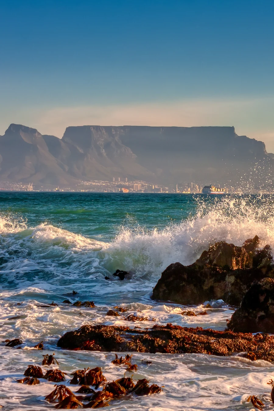 Table Mountain seen across the bay from a rocky shoreline with waves breaking