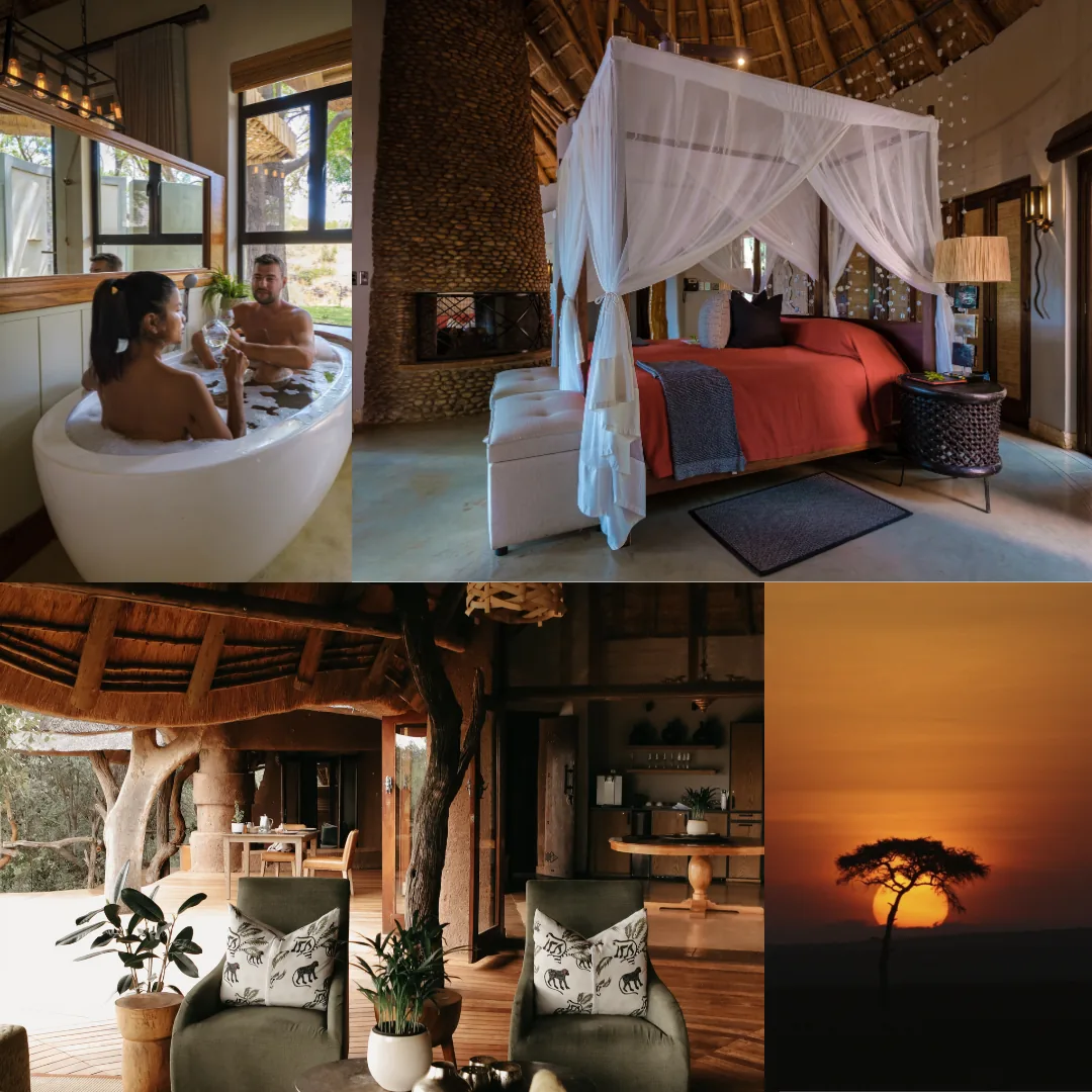 Safari lodge collage: couple in a bathtub, canopy bed by a fireplace, thatched lounge and acacia at sunset